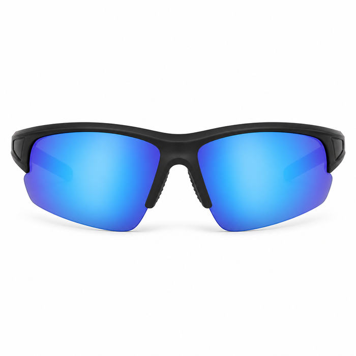 FINDIGIT Sport Wrap UV400 Sunglasses - Matte Black Mirrored Blue Lens