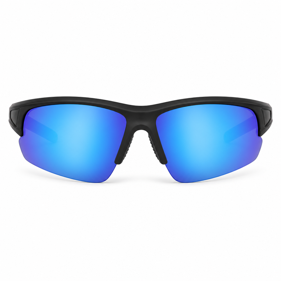 FINDIGIT Sport Wrap UV400 Sunglasses - Matte Black Mirrored Blue Lens